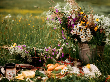Kesäinen piknik pellolla, metallisessa astiassa on luonnon kukkia, viltin päällä on patonkia ja muuta syötävää.