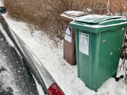 Vasemmalla näkyy osa harmaasta autosta ja oikealla kaksi jäteastiaa, sekajätteelle ja biojätteelle. Auton ja astian välissä on melko pieni tila.