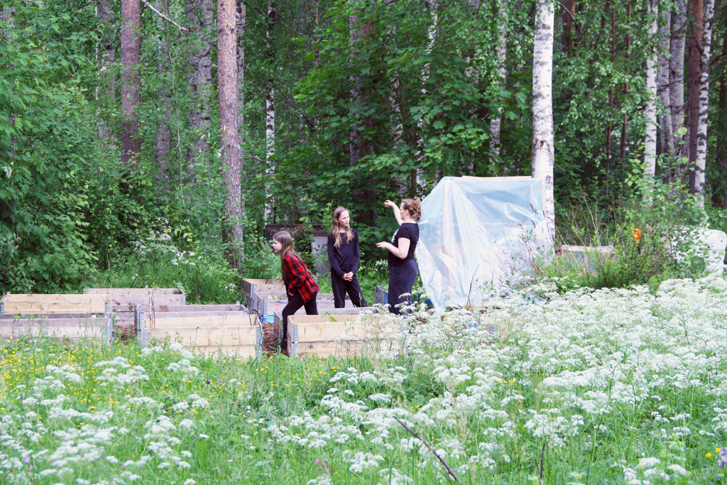 Istutuslaatikoiden luona on kolme ihmistä. Heistä aikuinen selittää jotain käsi ylhäällä nuoremmalle tytölle. Toinen tyttö on kävelemässä jonnekin. Etualalla on valkoisia niittykukkia, taustalla metsää.