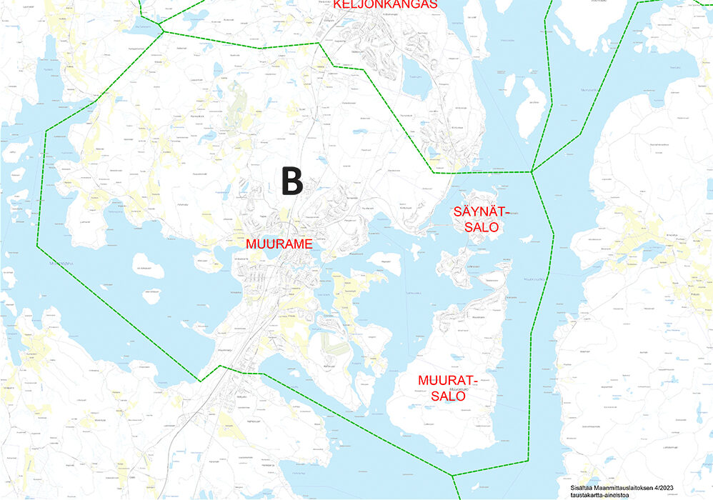 Karttakuva, jossa näkyy isolla B-kirjain ja punaisella lukee Muurame, Säynätsalo ja Muuratsalo.