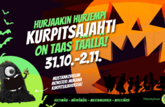 Kuvassa on iso oranssi kurpitsa ja Mustankorkean Monsteri sekä lukee: "Hurjaakin hurjempi Kurpitsajahti on taas täällä 31.10.-2.11."