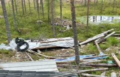 Metsään on jätetty epämääräistä puuta, vanhoja renkaita ja muovia.