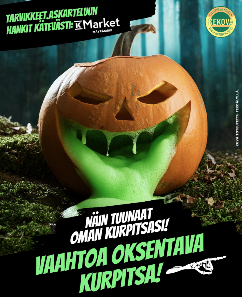 Tekoälyllä tehty kurpitsa, joka oksentaa vihreää vaahtoa.