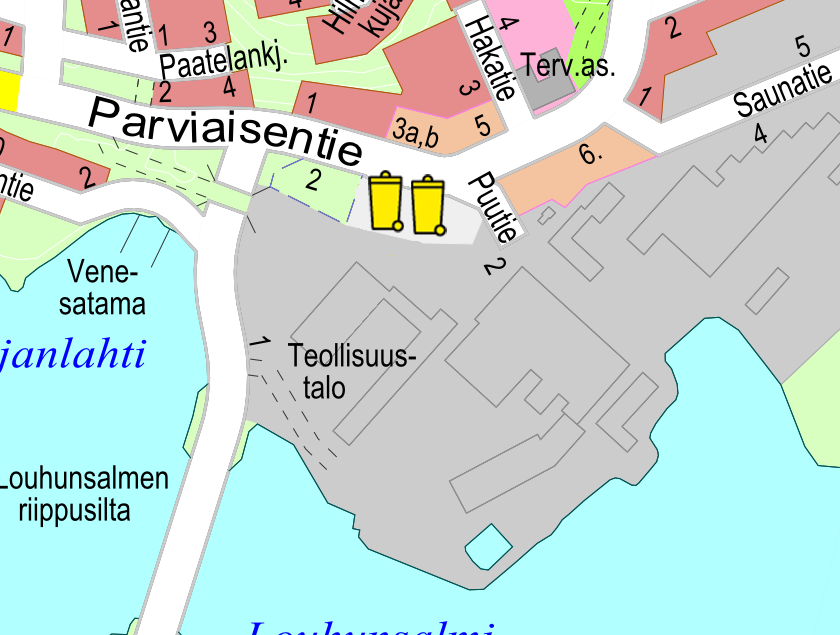 Kartta, jossa on teollisuustalon vieressä Parviaisentiellä kaksi keltaista jäteastiaa.